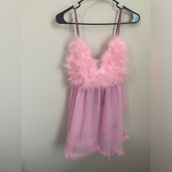 Dolls Kill Other - Trickz and Treatz Dolls Kill Marabou Feather Bright Pink Babydoll Slip Dress 1X
